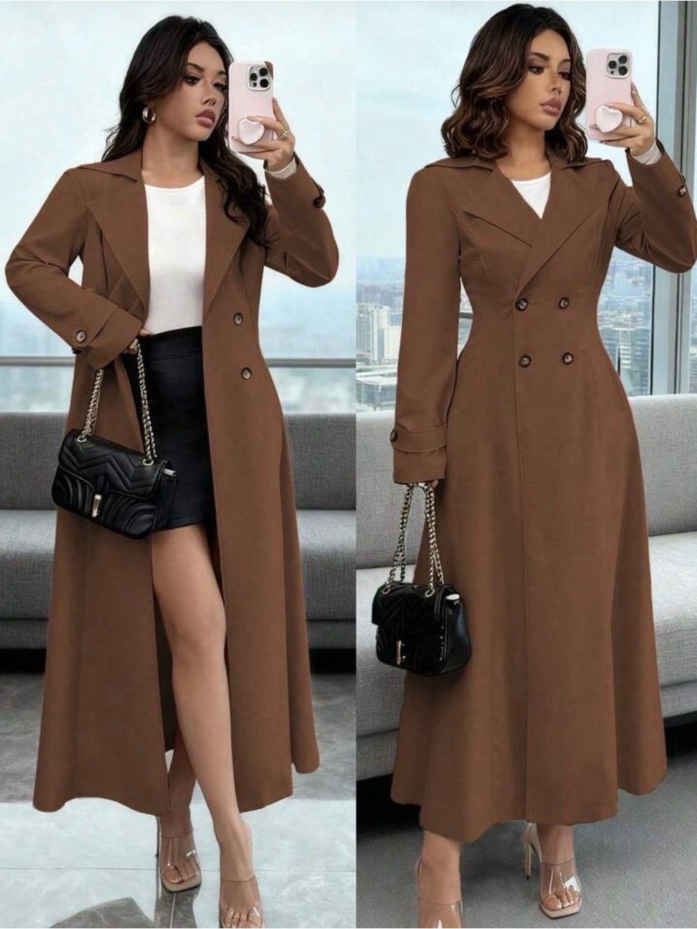 Women's Brown Maxi Double-Breasted Coat Dress